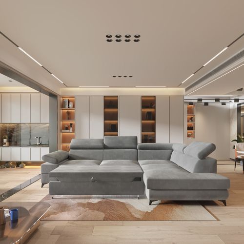 Canapé D'angle Favien Gris Clair En Velours Avec Fonction De Couchage