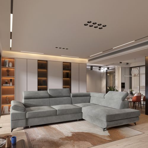 Canapé D'angle Favien Gris Clair En Velours Avec Fonction De Couchage