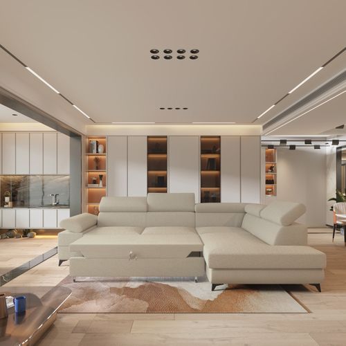 Canapé D'angle Favien Beige En Bouclé Avec Fonction De Couchage