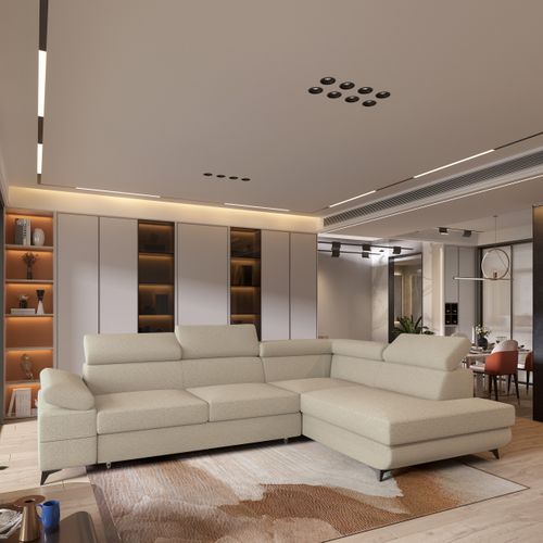 Canapé D'angle Favien Beige En Bouclé Avec Fonction De Couchage