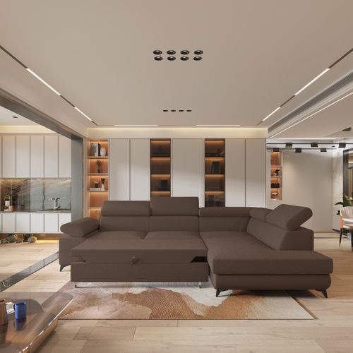 Canapé D'angle Favien Marron En Bouclé Avec Fonction De Couchage