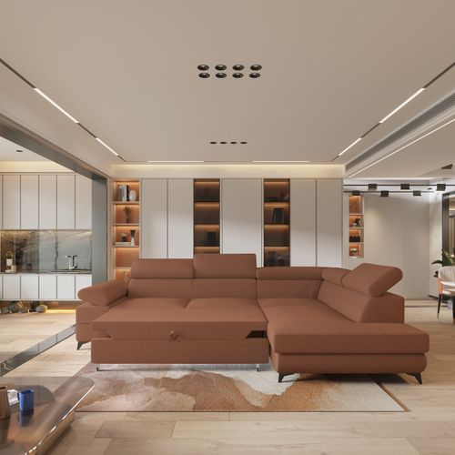 Canapé D'angle Favien Cuivré En Bouclé Avec Fonction De Couchage