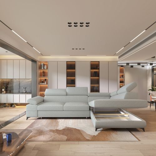 Canapé D'angle Favien Gris Clair En Bouclé Avec Fonction De Couchage