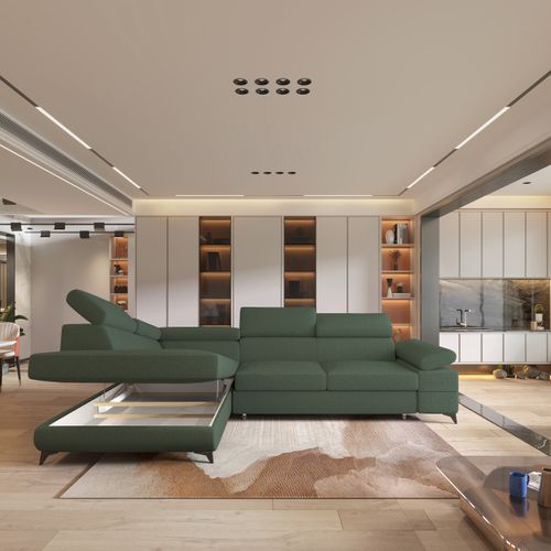 Canapé D'angle Favien Vert En Bouclé Avec Fonction De Couchage