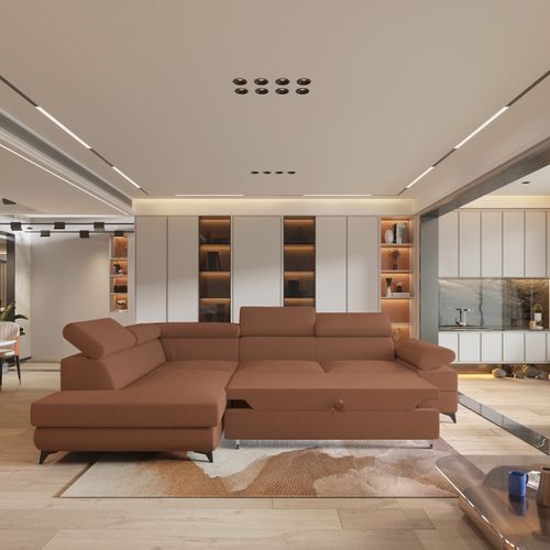 Canapé D'angle Favien Cuivré En Bouclé Avec Fonction De Couchage