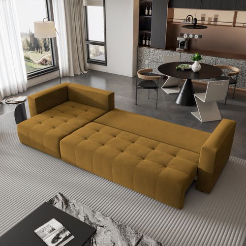 Canapé D'angle Olvera Jaune En Peluche Avec Fonction De Couchage