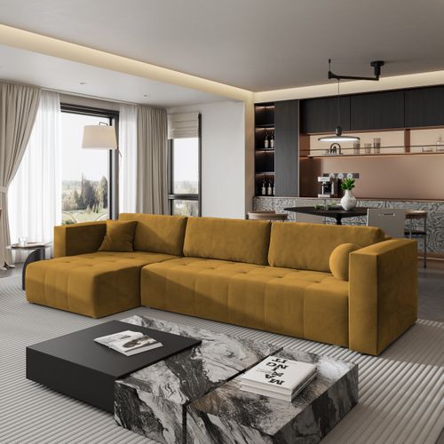 Canapé D'angle Olvera Jaune En Peluche Avec Fonction De Couchage