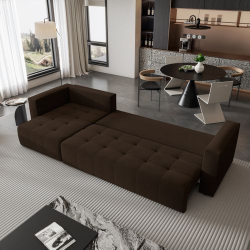 Canapé D'angle Olvera Marron En Peluche Avec Fonction De Couchage
