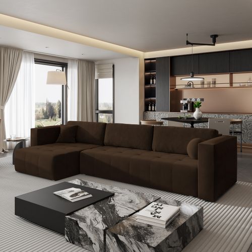 Canapé D'angle Olvera Marron En Peluche Avec Fonction De Couchage