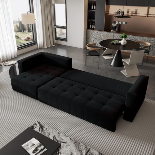 Canapé D'angle Olvera Noir En Peluche Avec Fonction De Couchage