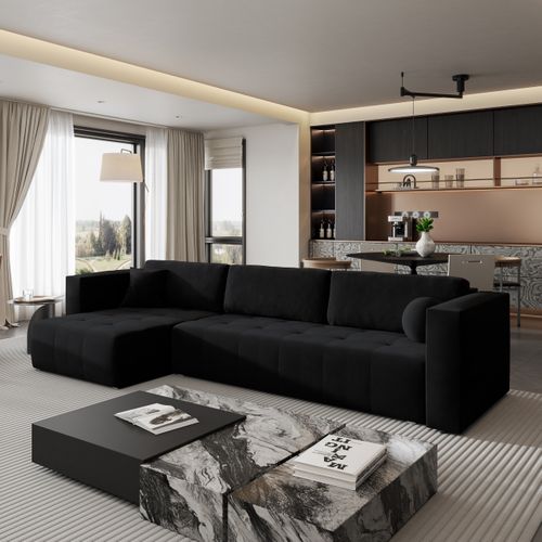 Canapé D'angle Olvera Noir En Peluche Avec Fonction De Couchage