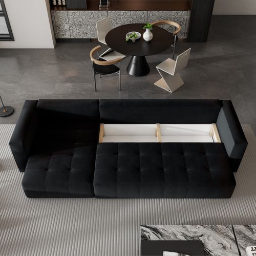 Canapé D'angle Olvera Noir En Peluche Avec Fonction De Couchage