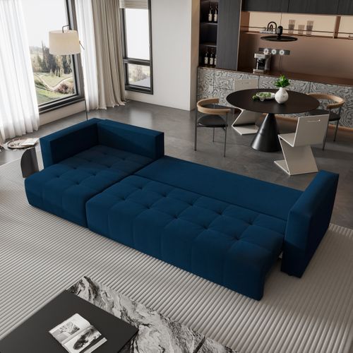 Canapé D'angle Olvera Bleu En Peluche Avec Fonction De Couchage