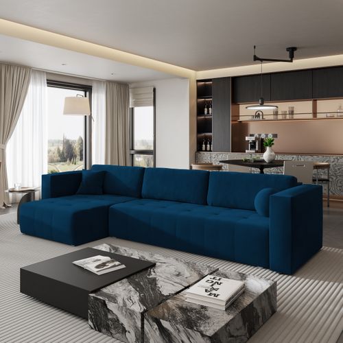 Canapé D'angle Olvera Bleu En Peluche Avec Fonction De Couchage