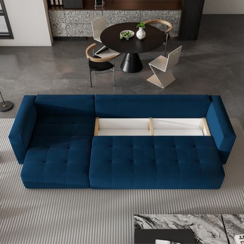 Canapé D'angle Olvera Bleu En Peluche Avec Fonction De Couchage