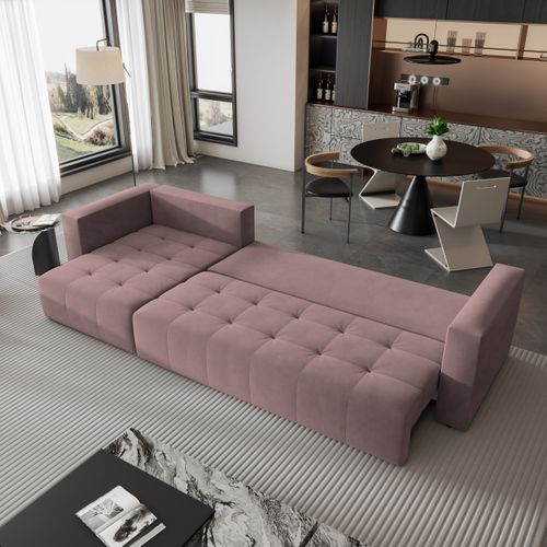 Canapé D'angle Olvera Rose En Peluche Avec Fonction De Couchage