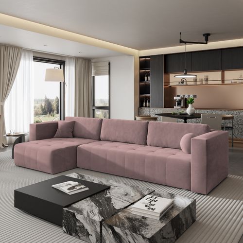 Canapé D'angle Olvera Rose En Peluche Avec Fonction De Couchage