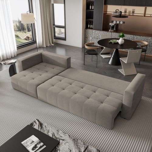 Canapé D'angle Olvera Beige En Peluche Avec Fonction De Couchage