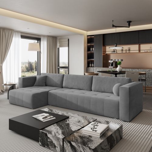 Canapé D'angle Olvera Gris En Peluche Avec Fonction De Couchage