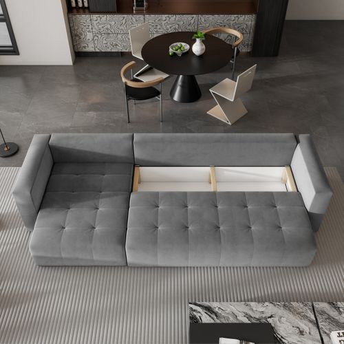 Canapé D'angle Olvera Gris En Peluche Avec Fonction De Couchage