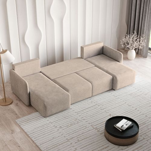 Canapé D'angle Nubero Beige En Tissu Texturé Avec Fonction De Couchage