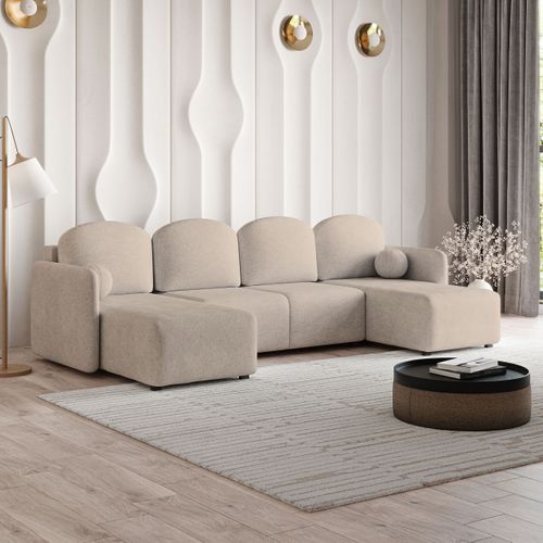 Canapé D'angle Nubero Beige En Tissu Texturé Avec Fonction De Couchage