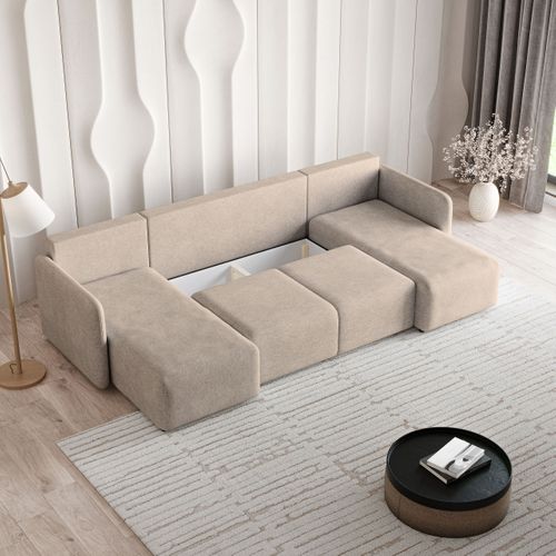Canapé D'angle Nubero Beige En Tissu Texturé Avec Fonction De Couchage