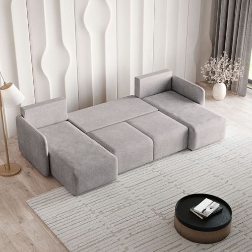Canapé D'angle Nubero Gris Clair En Tissu Texturé Avec Fonction De Couchage