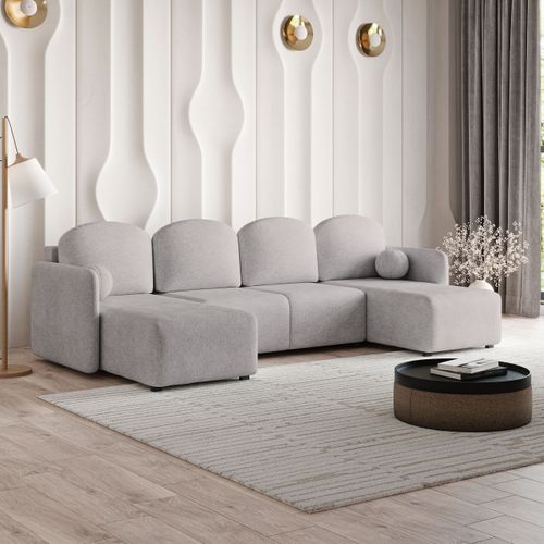 Canapé D'angle Nubero Gris Clair En Tissu Texturé Avec Fonction De Couchage