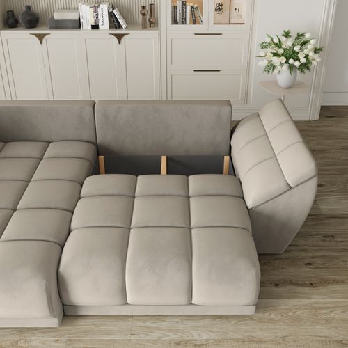 Canapé D'angle Orenti Beige En Velours Avec Fonction De Couchage