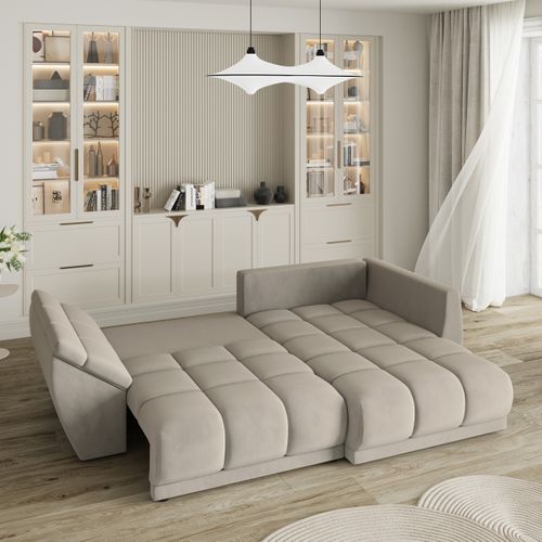 Canapé D'angle Orenti Beige En Velours Avec Fonction De Couchage