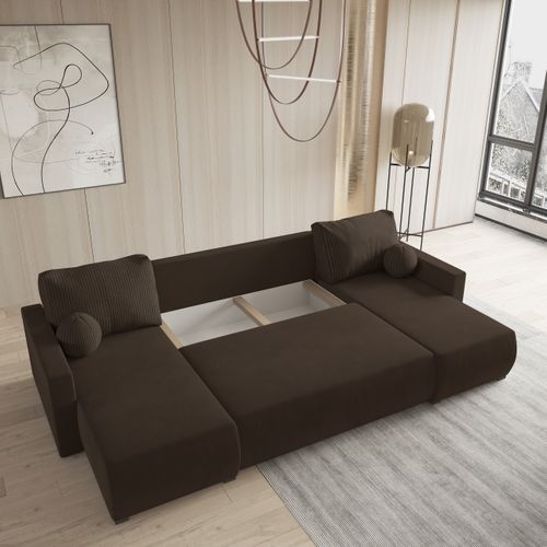 Canapé D'angle Tessun Marron En Peluche Avec Fonction De Couchage