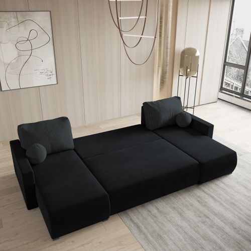 Canapé D'angle Tessun Noir En Peluche Avec Fonction De Couchage