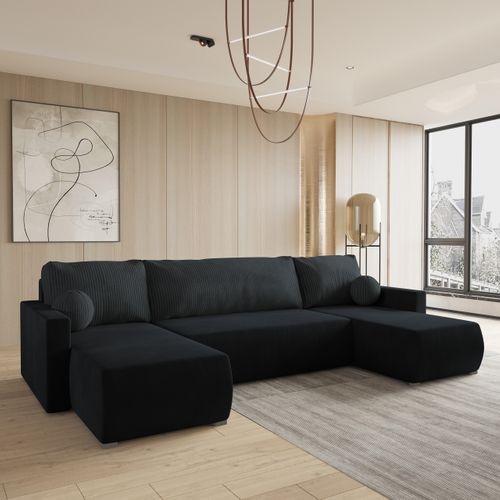 Canapé D'angle Tessun Noir En Peluche Avec Fonction De Couchage