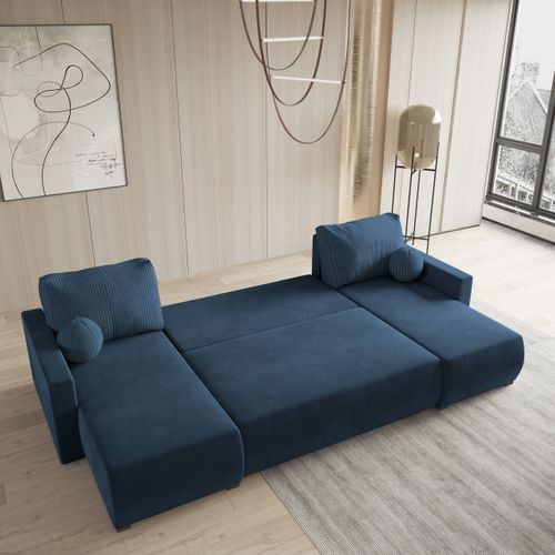 Canapé D'angle Tessun Bleu En Peluche Avec Fonction De Couchage