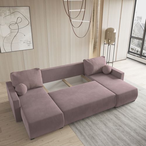 Canapé D'angle Tessun Rose En Peluche Avec Fonction De Couchage