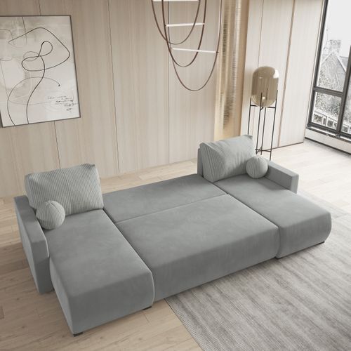 Canapé D'angle Tessun Gris Clair En Peluche Avec Fonction De Couchage