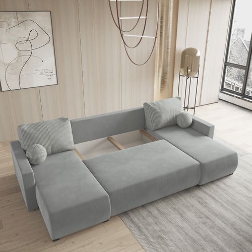 Canapé D'angle Tessun Gris Clair En Peluche Avec Fonction De Couchage