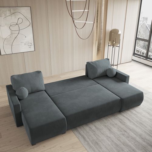 Canapé D'angle Tessun Gris En Peluche Avec Fonction De Couchage