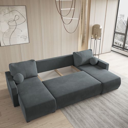 Canapé D'angle Tessun Gris En Peluche Avec Fonction De Couchage