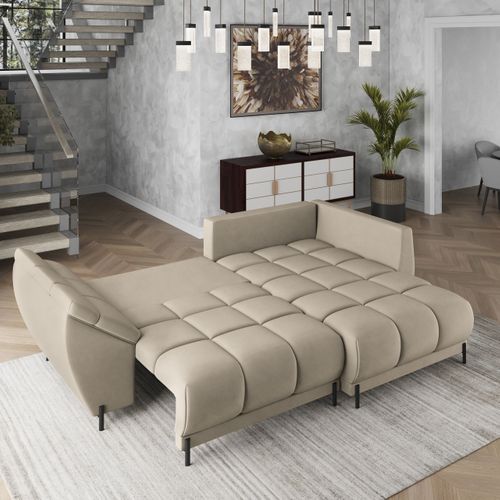 Canapé D'angle Vestano  Beige En Velours Avec Fonction De Couchage