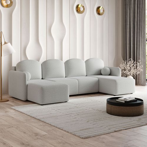 Canapé D'angle Nubero Gris Clair En Bouclé Avec Fonction De Couchage