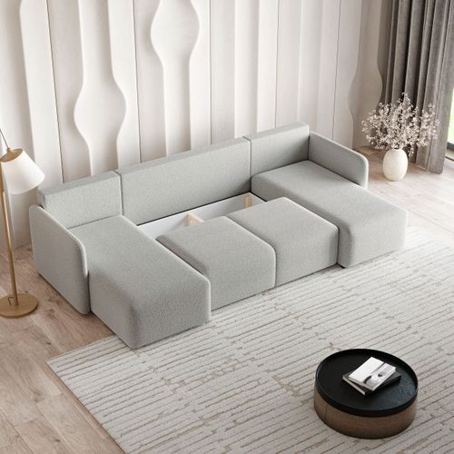 Canapé D'angle Nubero Gris Clair En Bouclé Avec Fonction De Couchage