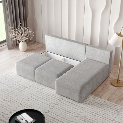 Canapé D'angle Trama Gris Clair En Tissu Texturé Avec Fonction De Couchage
