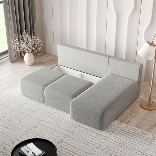 Canapé D'angle Trama Gris Clair En Bouclé Avec Fonction De Couchage