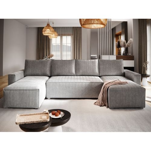 Canapé D'angle Aspra Gris Clair En Velours Côtelé Avec Fonction De Couchage