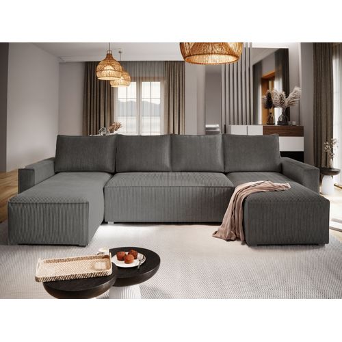 Canapé D'angle Aspra Gris En Velours Côtelé Avec Fonction De Couchage