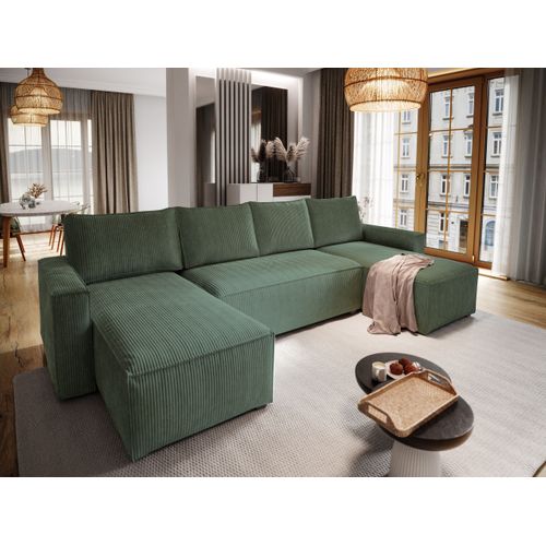 Canapé D'angle Aspra Vert Sapin En Velours Côtelé Avec Fonction De Couchage