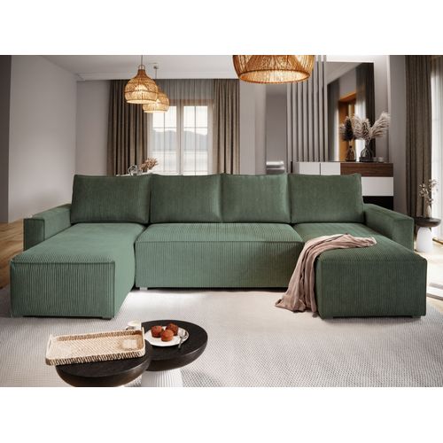 Canapé D'angle Aspra Vert Sapin En Velours Côtelé Avec Fonction De Couchage