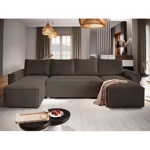 Canapé D'angle Aspra Marron En Velours Côtelé Avec Fonction De Couchage